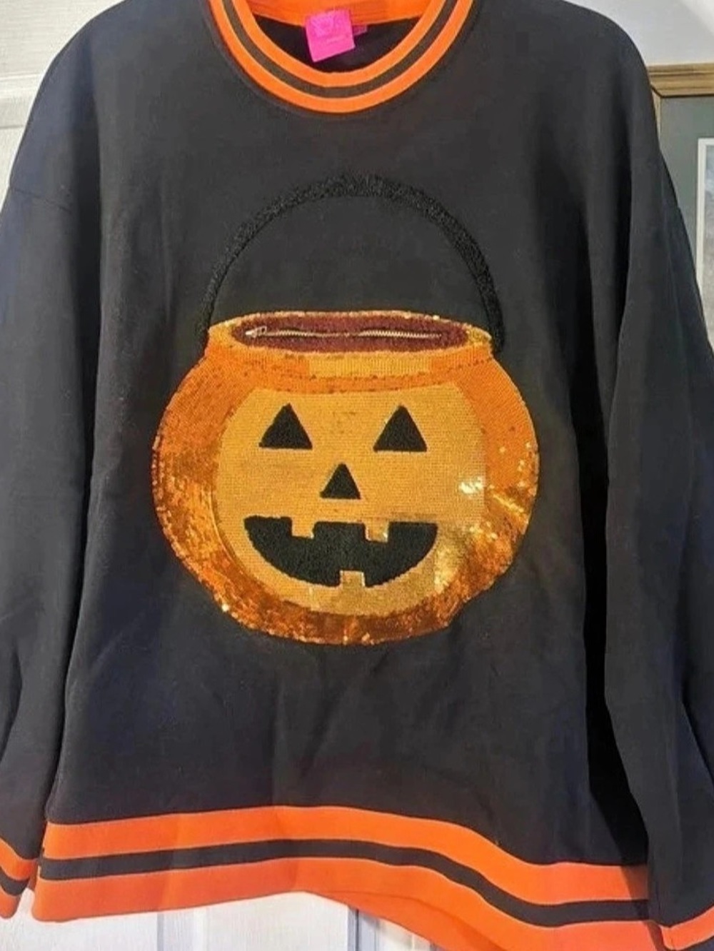 QUEEN OF SPARKLES Black Halloween Pumpkin Candy Bucket Sweatshirt Black & Orange
